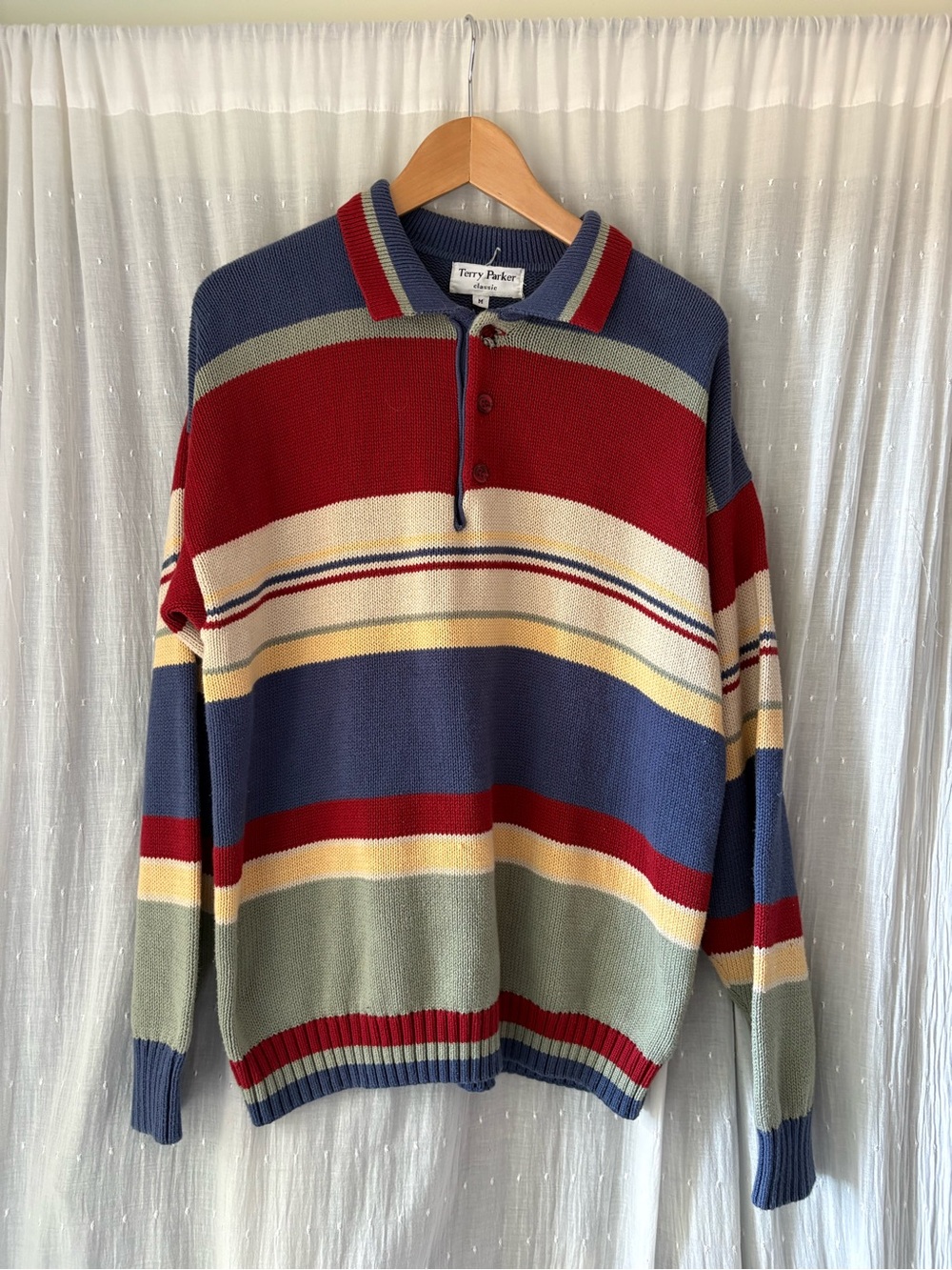 Terry Peak Men's Striped Zip-Front Polo Sweater - Blue, Red, Cream